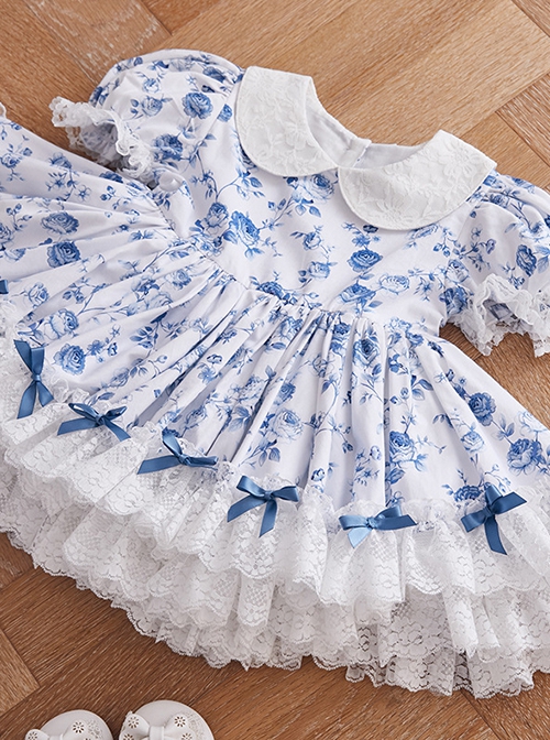 Blue Rose Flower Print Decoration Pleated Lace Jacquard Bow Hem White Doll Neckline Classic Lolita Kid Dress