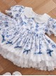 Blue Rose Flower Print Decoration Pleated Lace Jacquard Bow Hem White Doll Neckline Classic Lolita Kid Dress