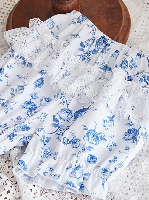 Blue Rose Flower Print Decoration Pleated Lace Jacquard Bow Hem White Doll Neckline Classic Lolita Kid Dress