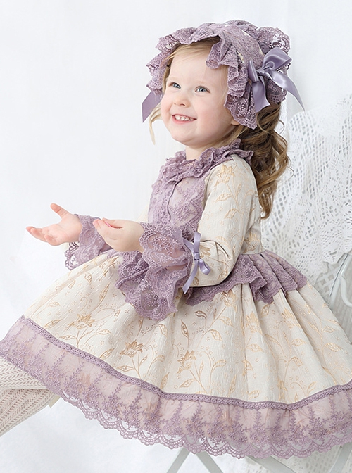 Elegant Palace Style Delicate Lace Jacquard Embroidery Bow Decoration Classic Lolita Kid Princess Dress