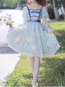 Early Morning Lily Series Blue Elegant Square Neck Chiffon Positive Waist Printed Long Sleeve Classic Lolita Dress