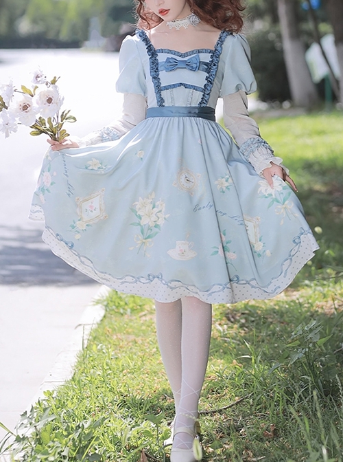 Early Morning Lily Series Blue Elegant Square Neck Chiffon Positive Waist Printed Long Sleeve Classic Lolita Dress