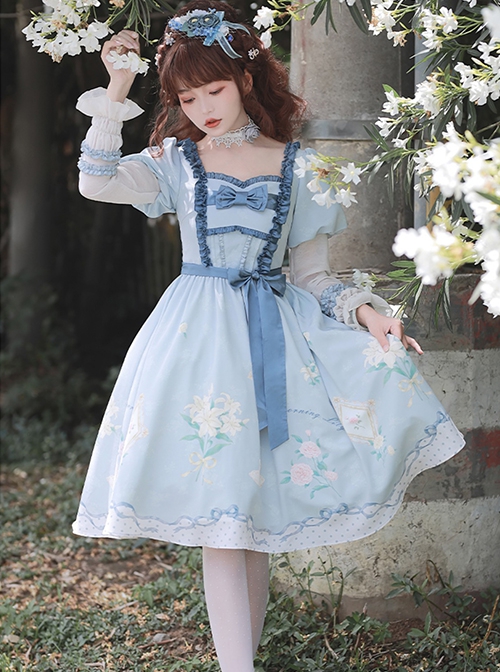 Early Morning Lily Series Blue Elegant Square Neck Chiffon Positive Waist Printed Long Sleeve Classic Lolita Dress