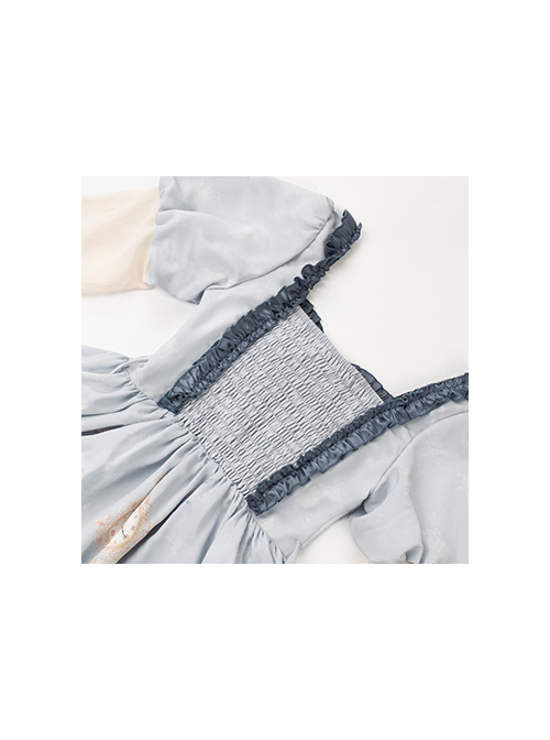 Early Morning Lily Series Blue Elegant Square Neck Chiffon Positive Waist Printed Long Sleeve Classic Lolita Dress