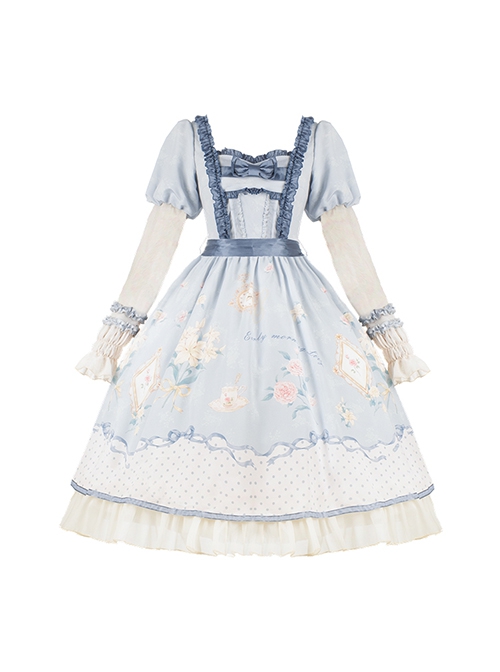 Early Morning Lily Series Blue Elegant Square Neck Chiffon Positive Waist Printed Long Sleeve Classic Lolita Dress