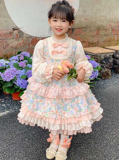 Cute Pink Floral Print Ruched Lace Ruffle Trim Pearl Bow Classic Lolita Long Sleeve Kid Dress