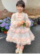 Cute Pink Floral Print Ruched Lace Ruffle Trim Pearl Bow Classic Lolita Long Sleeve Kid Dress