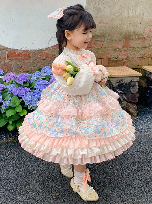 Cute Pink Floral Print Ruched Lace Ruffle Trim Pearl Bow Classic Lolita Long Sleeve Kid Dress