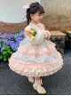 Cute Pink Floral Print Ruched Lace Ruffle Trim Pearl Bow Classic Lolita Long Sleeve Kid Dress