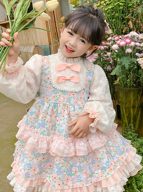 Cute Pink Floral Print Ruched Lace Ruffle Trim Pearl Bow Classic Lolita Long Sleeve Kid Dress