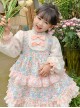 Cute Pink Floral Print Ruched Lace Ruffle Trim Pearl Bow Classic Lolita Long Sleeve Kid Dress