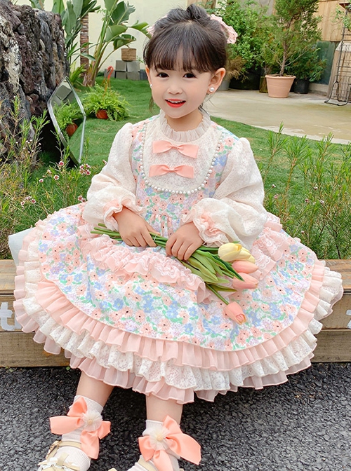 Cute Pink Floral Print Ruched Lace Ruffle Trim Pearl Bow Classic Lolita Long Sleeve Kid Dress