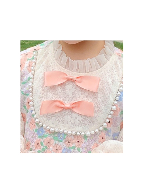 Cute Pink Floral Print Ruched Lace Ruffle Trim Pearl Bow Classic Lolita Long Sleeve Kid Dress