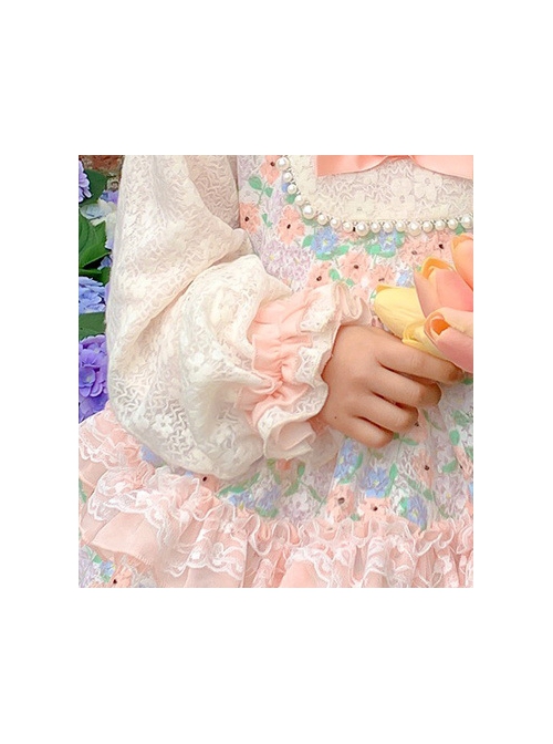 Cute Pink Floral Print Ruched Lace Ruffle Trim Pearl Bow Classic Lolita Long Sleeve Kid Dress