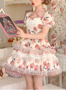 Eat A Bite Of Peach Series Honey Peach Print Lace-Up Bow Short Sleeve Puff Sleeve Sweet Lolita Dress