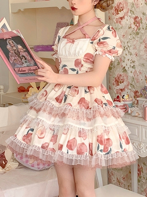 Eat A Bite Of Peach Series Honey Peach Print Lace-Up Bow Short Sleeve Puff Sleeve Sweet Lolita Dress