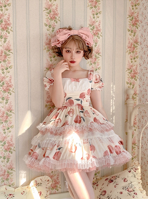 Eat A Bite Of Peach Series Honey Peach Print Lace-Up Bow Short Sleeve Puff Sleeve Sweet Lolita Dress