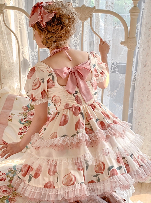 Eat A Bite Of Peach Series Honey Peach Print Lace-Up Bow Short Sleeve Puff Sleeve Sweet Lolita Dress
