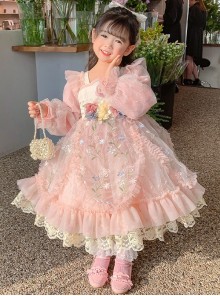 Pleated Lace Mesh Design Delicate Flower Embroidery Cute Long Sleeves Three-Dimensional Flower Decoration Classic Lolita Kid Dress