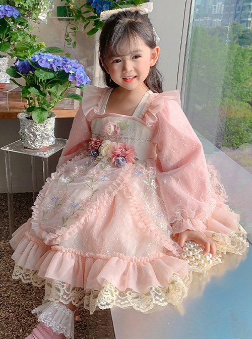 Pleated Lace Mesh Design Delicate Flower Embroidery Cute Long Sleeves Three-Dimensional Flower Decoration Classic Lolita Kid Dress