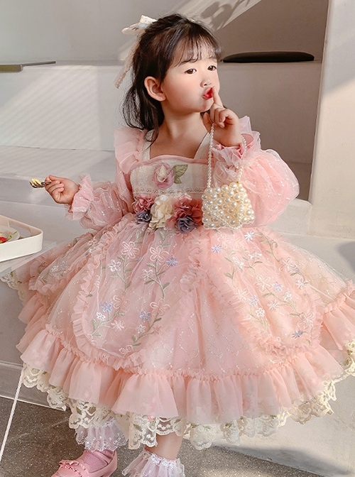 Pleated Lace Mesh Design Delicate Flower Embroidery Cute Long Sleeves Three-Dimensional Flower Decoration Classic Lolita Kid Dress