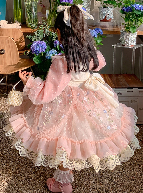 Pleated Lace Mesh Design Delicate Flower Embroidery Cute Long Sleeves Three-Dimensional Flower Decoration Classic Lolita Kid Dress