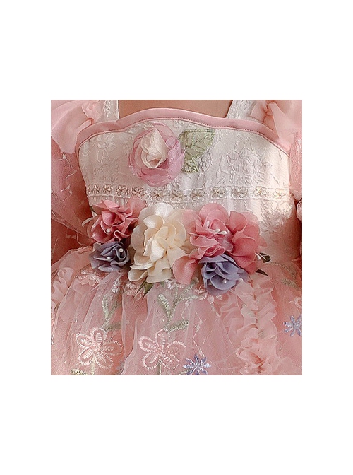 Pleated Lace Mesh Design Delicate Flower Embroidery Cute Long Sleeves Three-Dimensional Flower Decoration Classic Lolita Kid Dress