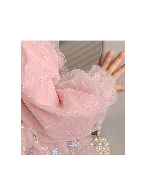 Pleated Lace Mesh Design Delicate Flower Embroidery Cute Long Sleeves Three-Dimensional Flower Decoration Classic Lolita Kid Dress