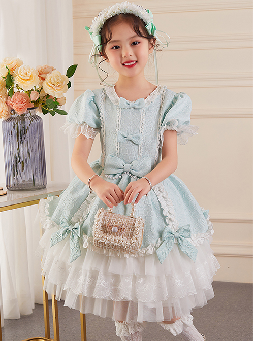 Solid Color Jacquard Round Neck Court Style Kids Puff Sleeve Bow Sweet Lolita Dress