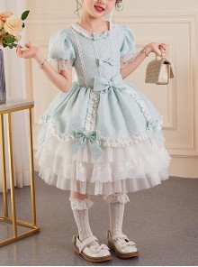 Solid Color Jacquard Round Neck Court Style Kids Puff Sleeve Bow Sweet Lolita Dress