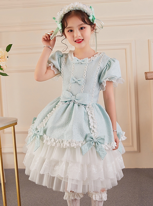 Solid Color Jacquard Round Neck Court Style Kids Puff Sleeve Bow Sweet Lolita Dress