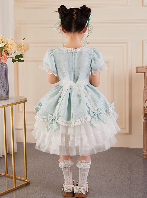 Solid Color Jacquard Round Neck Court Style Kids Puff Sleeve Bow Sweet Lolita Dress