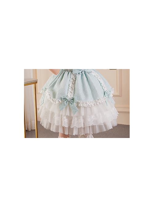 Solid Color Jacquard Round Neck Court Style Kids Puff Sleeve Bow Sweet Lolita Dress