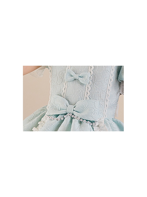 Solid Color Jacquard Round Neck Court Style Kids Puff Sleeve Bow Sweet Lolita Dress