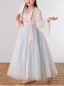 Chinese Style Cute Flower Embroidery Super Fairy Pearl Decoration Breathable Kids Hanfu Dress