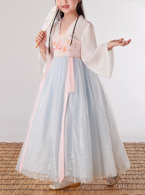 Chinese Style Cute Flower Embroidery Super Fairy Pearl Decoration Breathable Kids Hanfu Dress