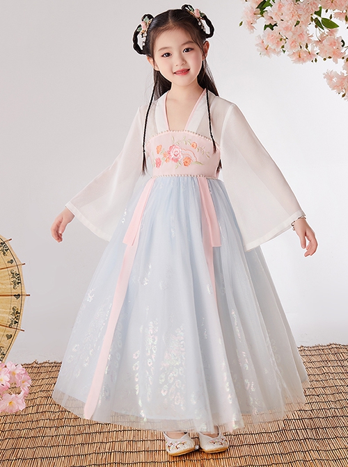 Chinese Style Cute Flower Embroidery Super Fairy Pearl Decoration Breathable Kids Hanfu Dress