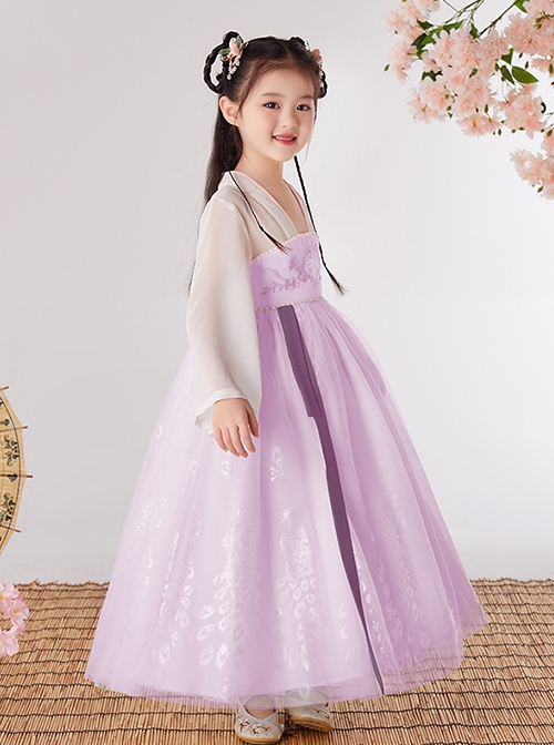 Chinese Style Cute Flower Embroidery Super Fairy Pearl Decoration Breathable Kids Hanfu Dress