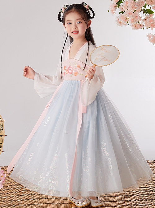 Chinese Style Cute Flower Embroidery Super Fairy Pearl Decoration Breathable Kids Hanfu Dress