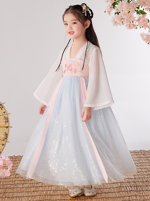 Chinese Style Cute Flower Embroidery Super Fairy Pearl Decoration Breathable Kids Hanfu Dress