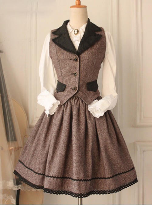 Earl Tea Retro College Style Woolen Brown Vest Lolita Skirt Set