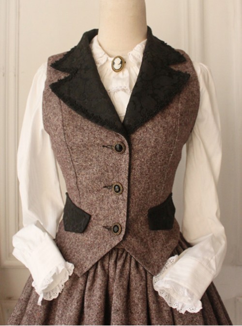 Earl Tea Retro College Style Woolen Brown Vest Lolita Skirt Set