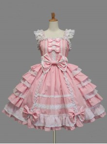 White Lace Pink Bowknot Sweet Lolita Sling Dress