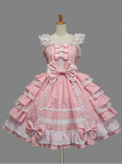 White Lace Pink Bowknot Sweet Lolita Sling Dress