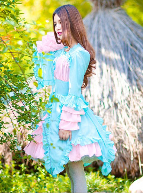 Mint Green And Light Pink Chiffon Irregular Hem Sweet Lolita Long Sleeve Dress