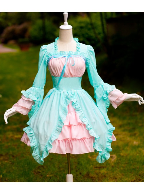 Mint Green And Light Pink Chiffon Irregular Hem Sweet Lolita Long Sleeve Dress