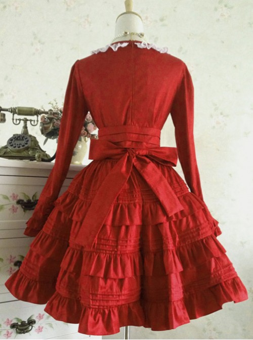 Palace Style Retro Lace Long Sleeve Wine Red Gothic Lolita Dress