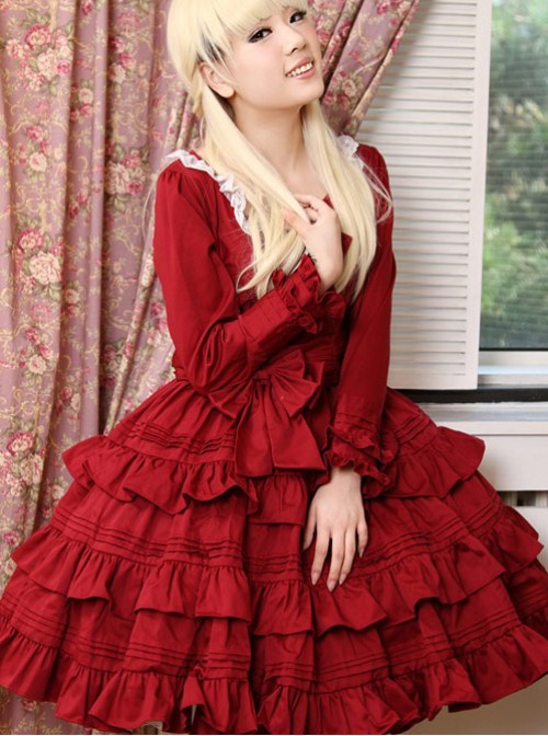 Palace Style Retro Lace Long Sleeve Wine Red Gothic Lolita Dress