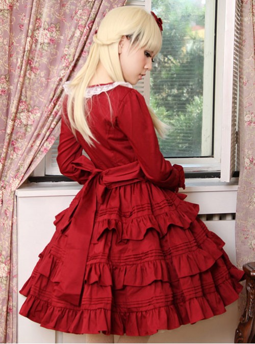 Palace Style Retro Lace Long Sleeve Wine Red Gothic Lolita Dress