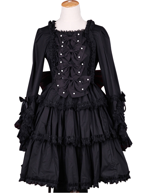 Palace Style Retro Lace Long Sleeve Black Gothic Lolita Dress